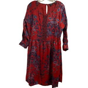 Lucky Brand Red and Blue Floral Print Long Sleeve Boho Dress - Size Large